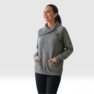 Karen Scott Women’s Marled Gray Shawl Collar Asymmetrical Buttons Pullover. Med